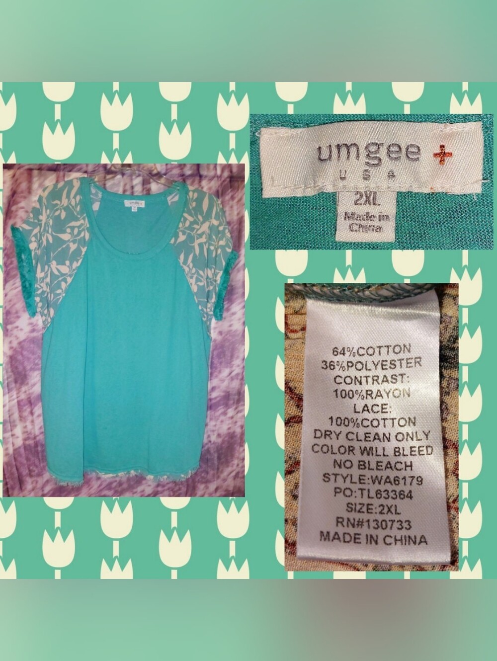 Umgee+ USA Sage Green/Multiclr Colorblock Multiprint Knit & Woven Raglan Top 2XL